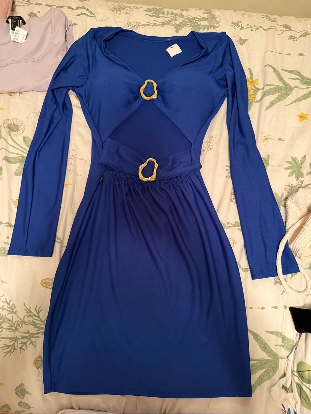 Royal Blue Long-Sleeve Midi Dress with Gold Ring Accents